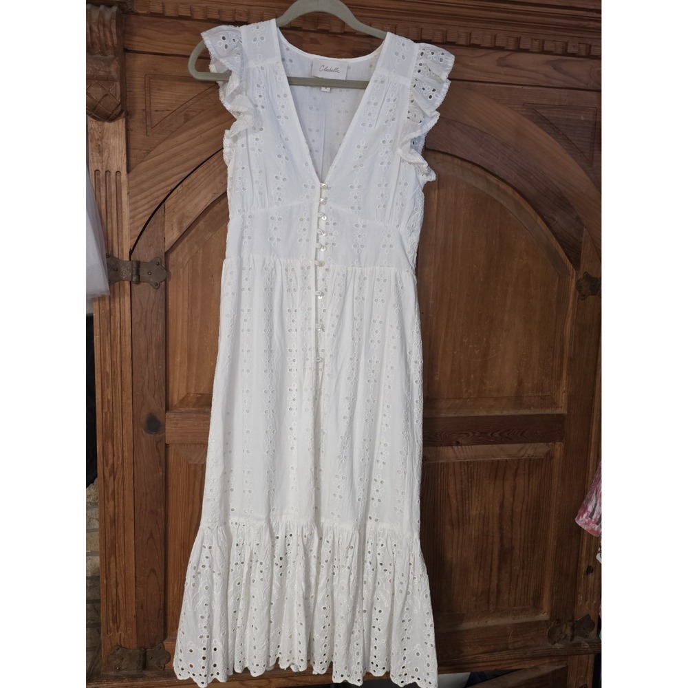 Cleobella Briella Midi Dress S Womens White Eyelet‎ Ruffle Tiered Hem Organic